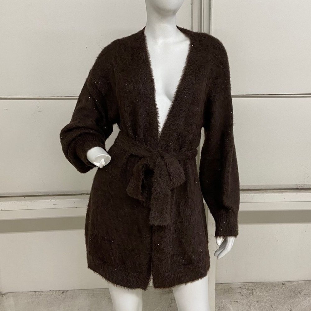 Express Faux Fur Sequin Balloon Sleeve Belted Cardigan Brown - Picture 2 of 7